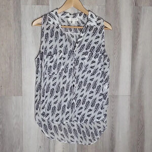 Kenar White Black Feather Print Sleeveless Collared Hi Low‎ Blouse Womens L